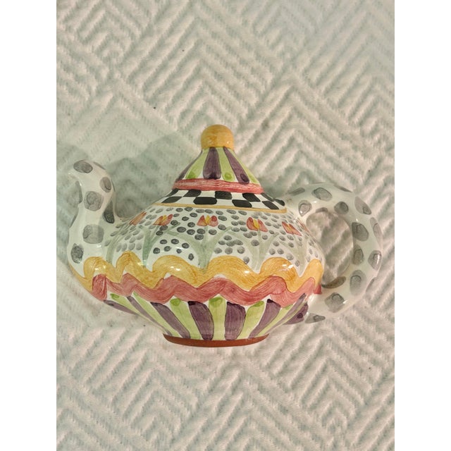 Mackenzie Childs 2003 MacKenzie-Childs "Piccadilly" Hand-Painted Ceramic Teapot Cabinet Pulls - Set of 4 For Sale - Image 4 of 12
