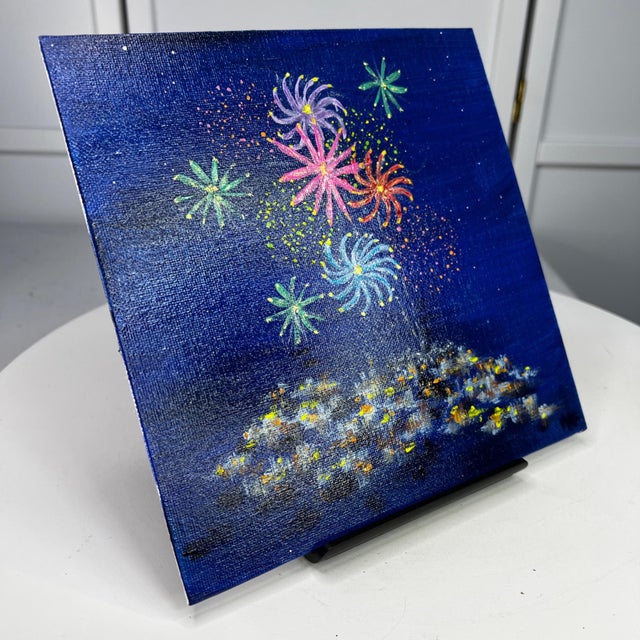 2020s Celebration 8" X 8" Unframed Acrylic Painting Wall Art Original Fireworks Scene For Sale - Image 5 of 7