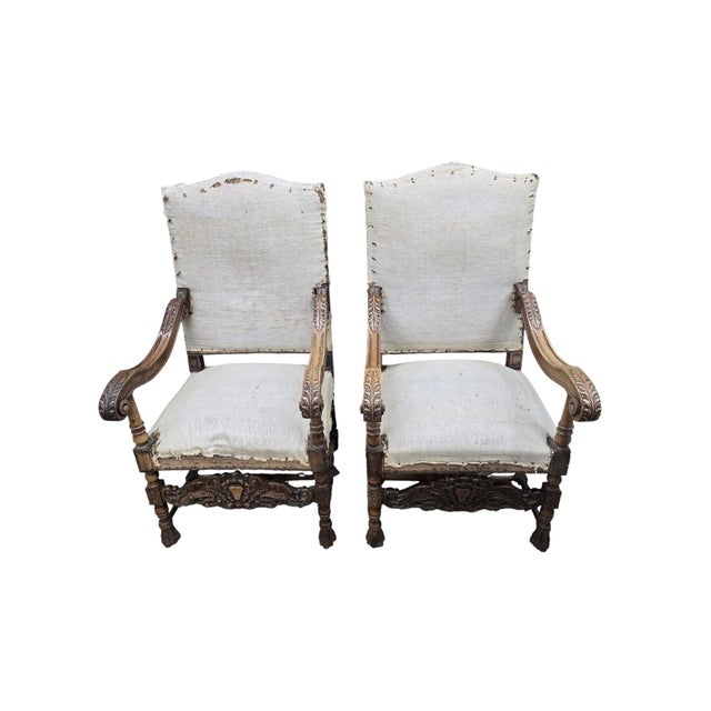 French Provincial Antique French Henri II Renaissance Revival Carved Walnut Throne Armchairs – 4 For Sale - Image 3 of 11