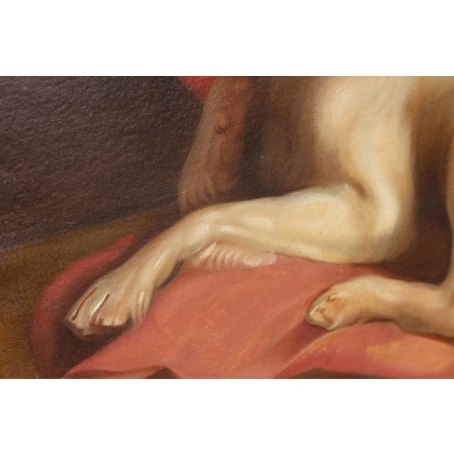 American American 1890s Framed Oil on Board Painting Depicting a Dog Lying on a Red Drape For Sale - Image 3 of 12