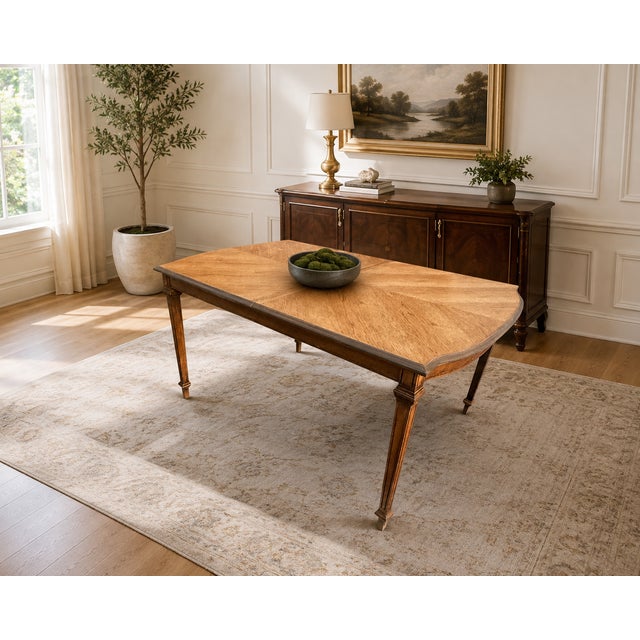 Traditional Vintage Refinished Walnut Chevron Veneer Extendable Dining Table With Two Leaves For Sale - Image 3 of 10