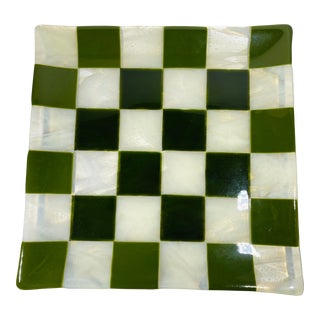 Mid Century Modern Clear Swirled and Olive Fused Art Glass Bowl Tray For Sale