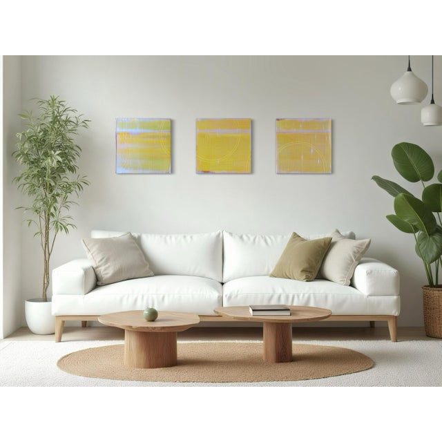 Contemporary Rebecca Koury "Moving Through the Horizon" Chartreuse Green Triptych Contemporary Abstract Painting, Acrylic on Canvas/Panel, Carmel California Art For Sale - Image 3 of 3