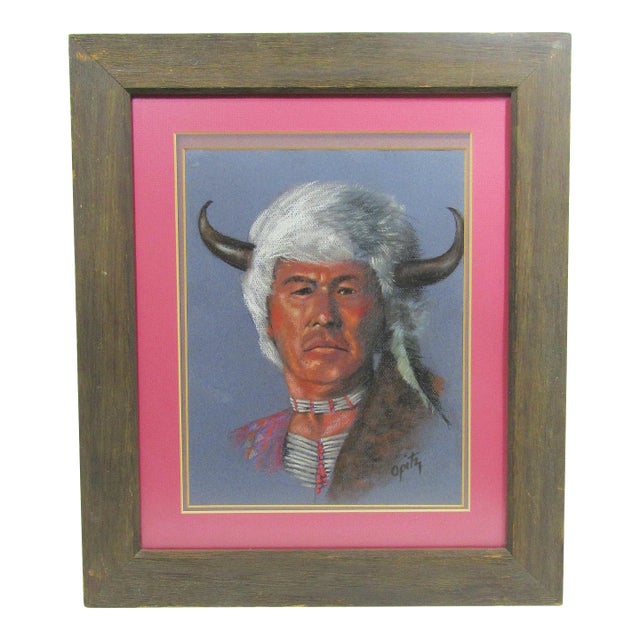 1980s Original Native American Portrait With Buffalo Horns - Signed Optiz - Framed Art For Sale