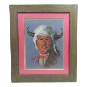 1980s Original Native American Portrait With Buffalo Horns - Signed Optiz - Framed Art