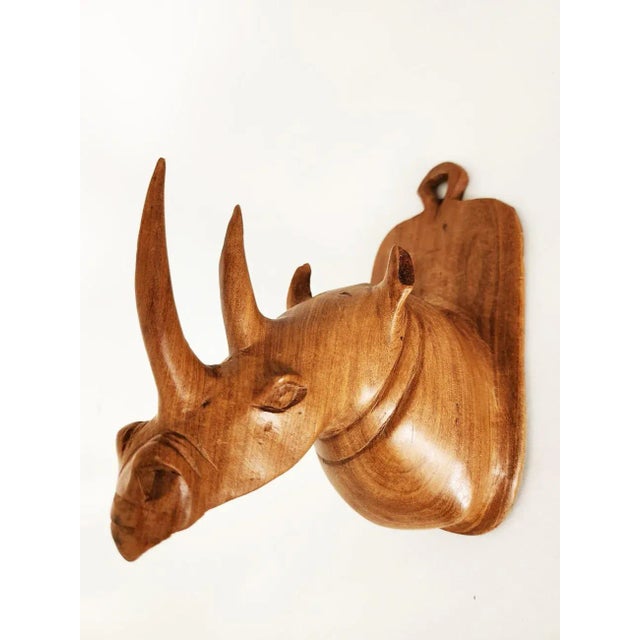 Vintage Hand Carved Teak Wood Rhinoceros Head Wall Plaque For Sale In Miami - Image 6 of 10