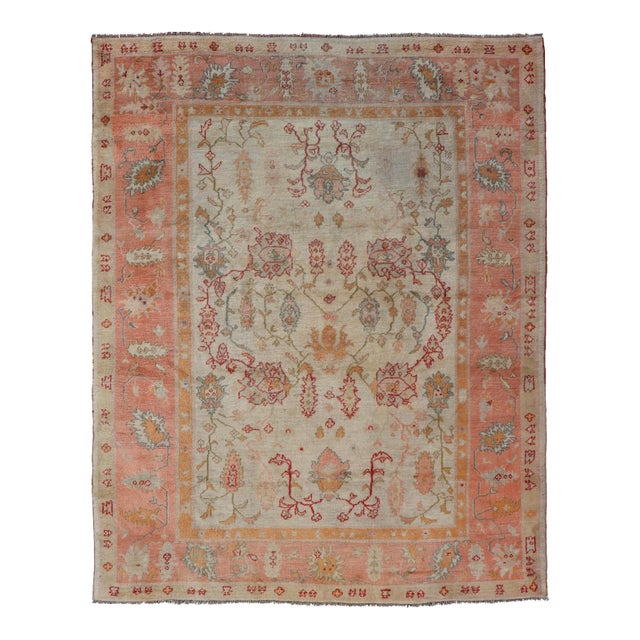 Antique Turkish Oushak Rug in Coral, Ivory and Soft Blue Accents For Sale