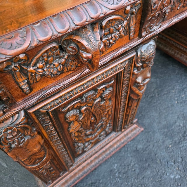 Brown Antique Circa 1880 French Renaissance Revival Partner's Desk, Fully Carved on All Sides With Parquetry Top For Sale - Image 8 of 18