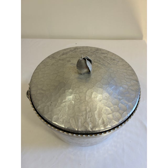 Silver Vintage Hammered Aluminum Lidded Ice Bucket With Floral Details For Sale - Image 8 of 9