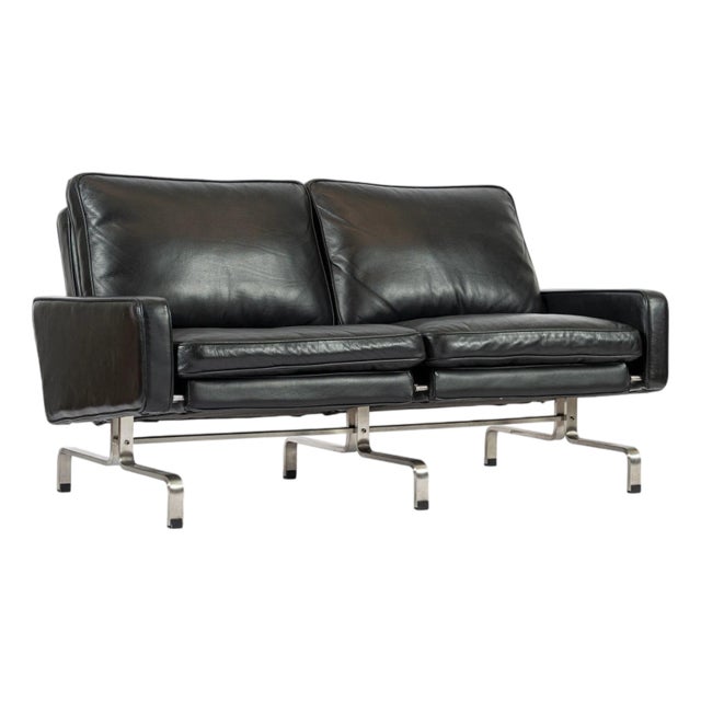 Vintage Postmodern Black Leather & Brushed Steel Loveseat Sofa, 1980s For Sale
