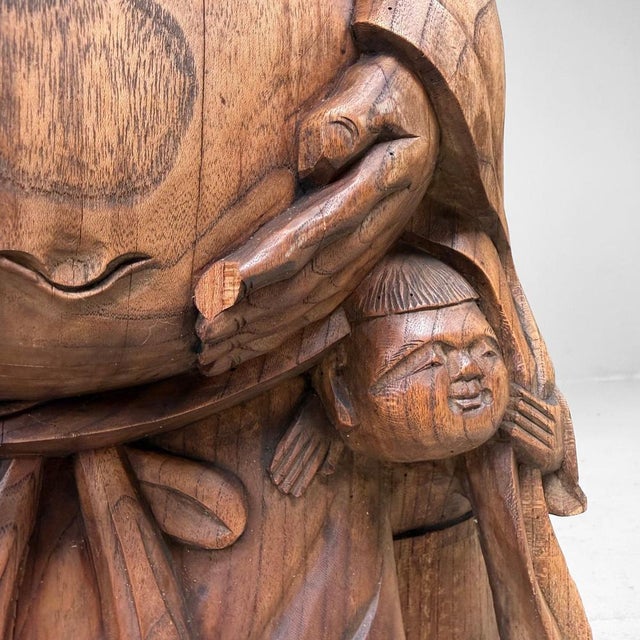 Japanese Wooden Temple Statue of Hotei with Child, 1920s For Sale - Image 9 of 14