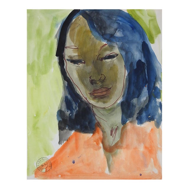 Early 20th Century Portrait of Tahitian Woman Watercolor Painting For Sale