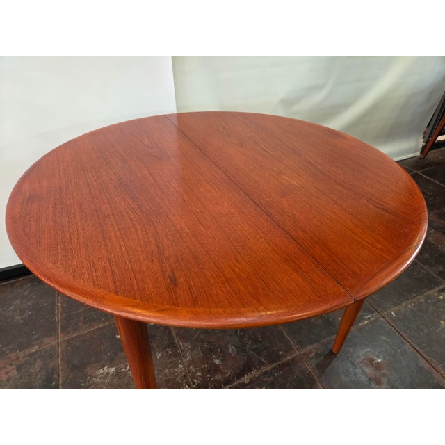 Mid-Century Modern Mid- Century Danish Modern Teak Dining Table Round Opens Oval 105 Inches With 3 Leaves For Sale - Image 3 of 18
