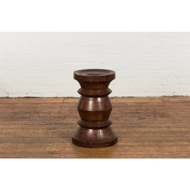 19th Century Rustic Indonesian Solid Wood Turned Stool with Brown Patina For Sale - Image 9 of 12