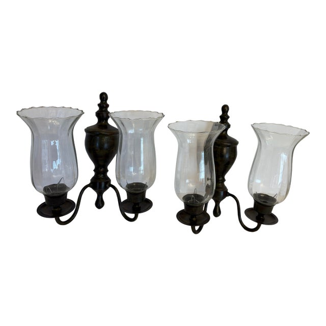 1970s Double Arm Brass Wall Sconces W/Hurricane Glass - A Pair For Sale