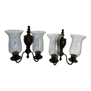 1970s Double Arm Brass Wall Sconces W/Hurricane Glass - A Pair