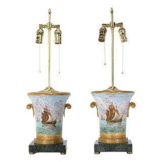 Vintage Hand-Painted Nautical-Themed Wooden Urn-Shaped Table Lamps - Pair For Sale