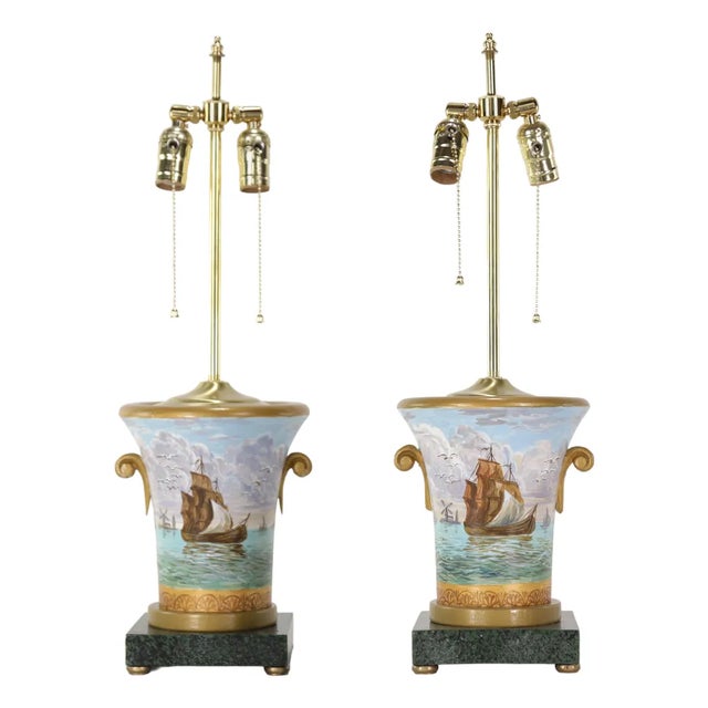Vintage Hand-Painted Nautical-Themed Wooden Urn-Shaped Table Lamps - Pair For Sale