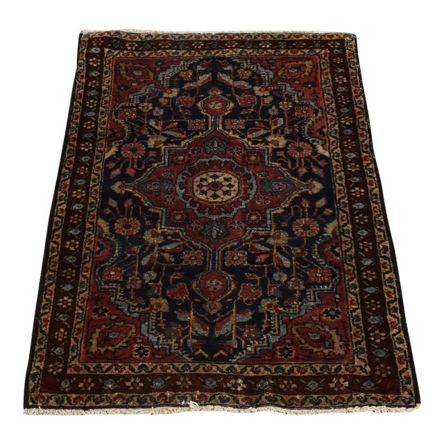 1910 2'x2'10" Blue Antique Persian Sarouk Hand Knotted Pure Wool Even Wear Mat Rug For Sale