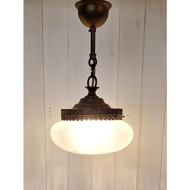 French Pendant Lamp with Metal Mounting and Decorated Glass Shade, 1930s, in Very Good conditions. Designed 1920 to 1949...