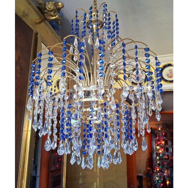 1960's Hollywood Regency Sapphire Blue & Clear Cut Austrian Crystal Gold Waterfall Tiered Chandelier Attrib. Palwa For Sale - Image 15 of 18