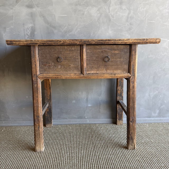 Mid-Century Modern Vintage Elm Wood Console Natural Finish With 2 Drawers For Sale - Image 3 of 13