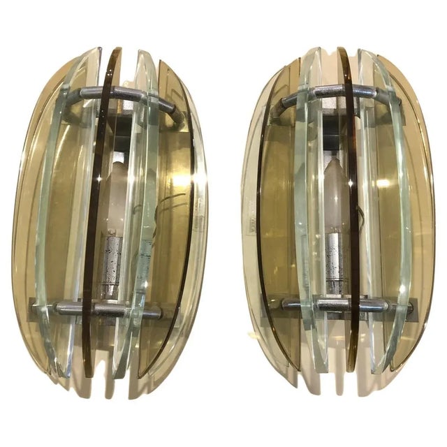 Mid-Century Italian Modern Glass & Metal Wall Sconces from Veca, Set of 2 For Sale - Image 10 of 10
