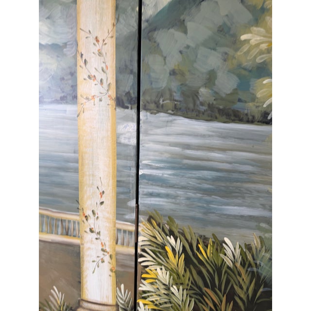 Vintage Hand-Painted Four-Panel Folding Screen – Architectural Landscape Room Divider For Sale - Image 9 of 12