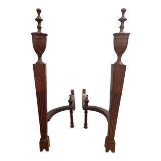 Antique English Neoclassical Engraved Brass & Iron Andirons, Pair, Circa 1900 For Sale