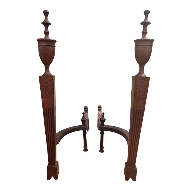 Antique English Neoclassical Engraved Brass & Iron Andirons, Pair, Circa 1900 For Sale