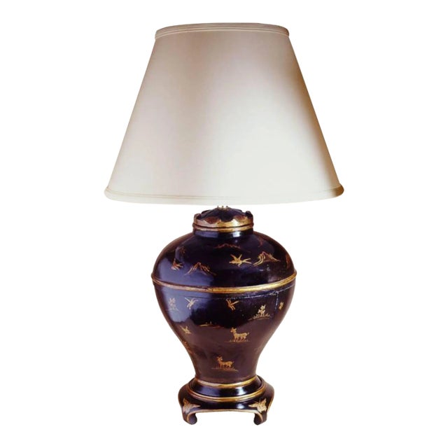 George II Style Burton-Ching Black Chinoiserie Table Lamp & Shade For Sale