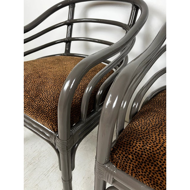 Hollywood Regency Vintage Lacquered Rattan Chairs- A Pair For Sale - Image 3 of 12