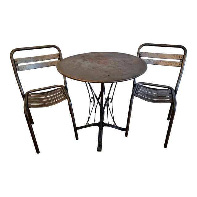 Vintage French Industrial Bistro Table & Chairs For Sale