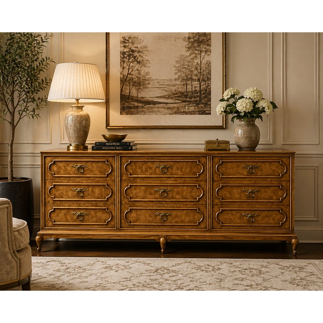A beautifully crafted 1970s dresser by Mastercraft Furniture, showcasing the brand’s signature use of richly figured...
