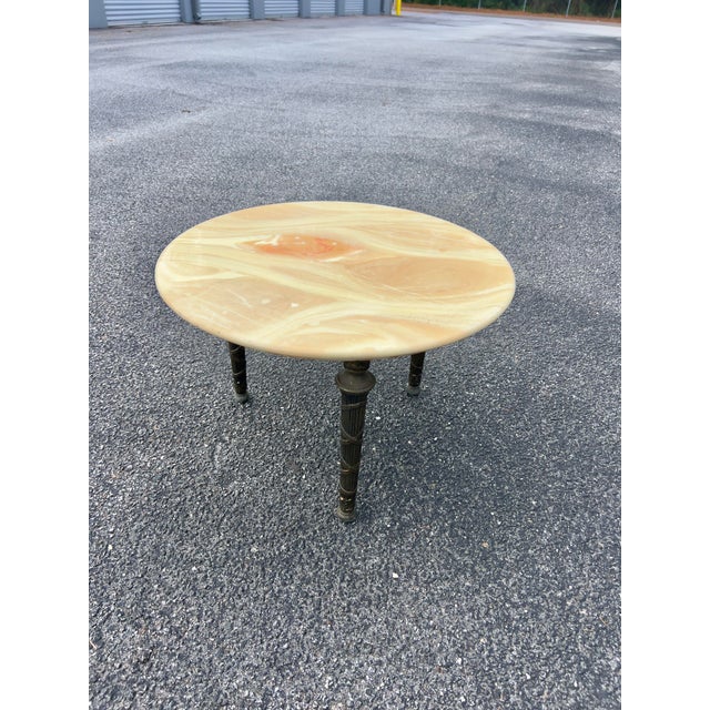 1970s 1970s Carrarra Marble Italian Regency Style Small Tripod Table With Brass Finish Legs, Mid-Century Modern For Sale - Image 5 of 8
