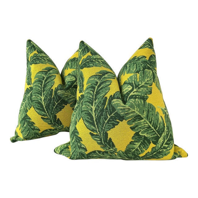 Schumacher "Tropical Leaf "Epingle in Green and Yellows 22" Pillows- A Pair For Sale