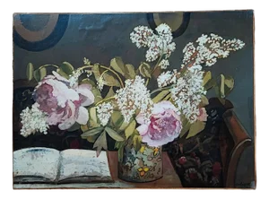 Gabriel Edouard Haberjahn, Bouquet de Lilas Blancs et Pivoines Rose, Oil on Paper on Cardboard