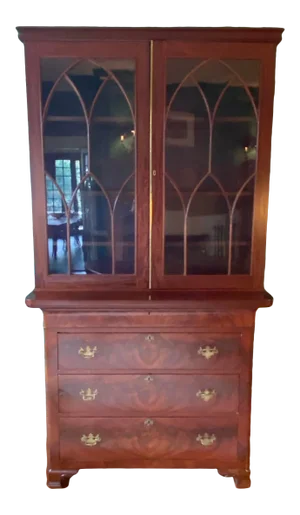 19th Century Antique Traditional Mahogany Breakfront Glass Cabinet