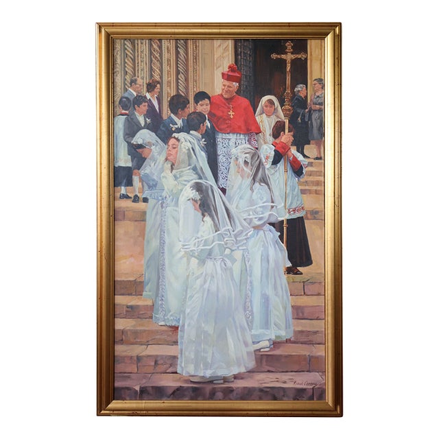 Late 20th Century Frank Cannas Large Signed Original First Communion Procession Oil on Linen, Framed For Sale