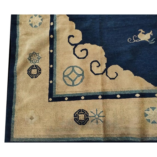 Classic Navy Background Color With Floral-Medallion Pattern Antique Chinese Peking Rug For Sale - Image 4 of 4