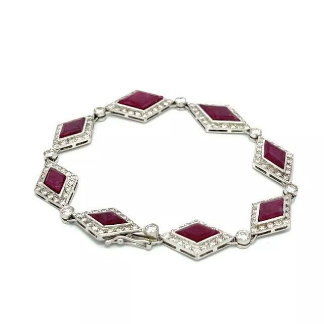 Diamond Gemstone Bracelet 14k White Gold Rhombus Link Vintage For Sale In Miami - Image 6 of 8