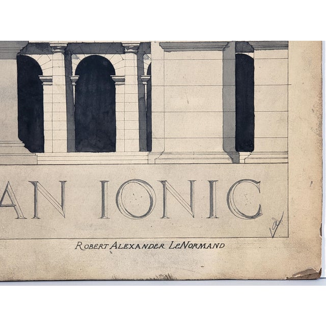 Beaux-Arts Antique Original Hand Drawn Ink & Ink Wash of the Roman Ionic Architectural Style by Robert A. Le Norman For Sale - Image 3 of 4
