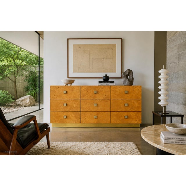 Mid-century modern burl wood nine-drawer dresser by Founders for Thomasville, USA, 1970s. Richly figured burl wood gives...