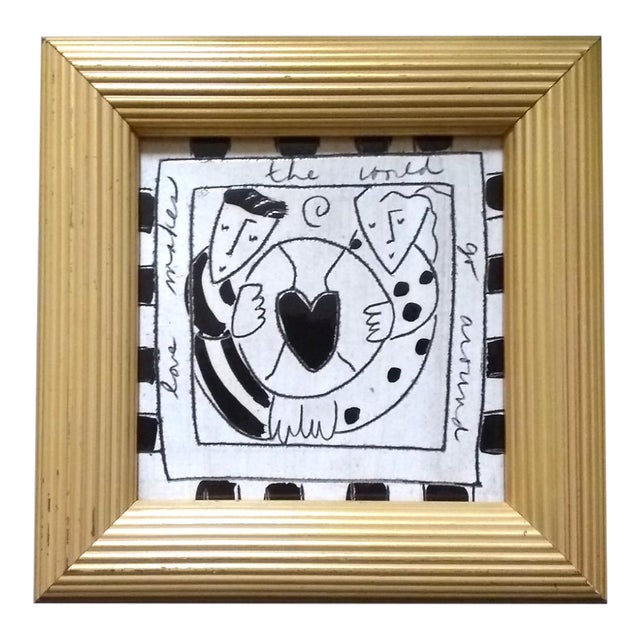 1990s "Love Makes the World Go Around" Framed Original Ceramic Tile by Mia Sar For Sale