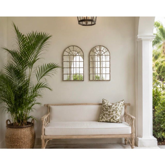 Pair of Vintage Architectural Arched Iron Windowpane Mirrors in Whitewashed Gray For Sale - Image 10 of 12