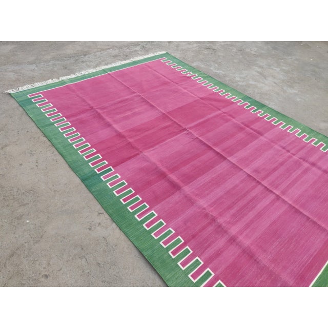 Raspberry Pink Handmade Cotton Rug, Raspberry with Forest Green Geometric Border and Cream Fringe - 6'x9' For Sale - Image 8 of 10