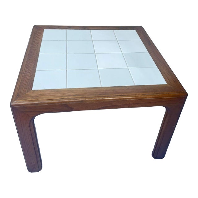 1970s Coastal Chic Walnut and White Ceramic Tile Square Side Coffee Table For Sale