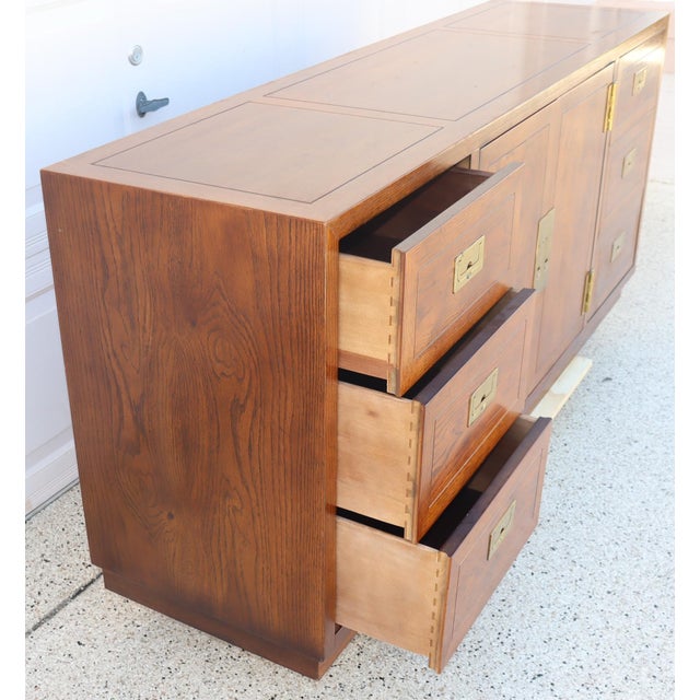 Wood Vintage Henredon Campaign Style Oak & Brass Sideboard / Credenza For Sale - Image 7 of 14