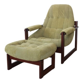 1960s Vintage Suede and Rosewood Lounge Chair and Ottoman by Percival Lafer For Sale