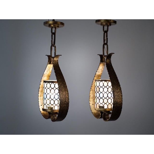 1950s Spanish Gilt Wrought Iron Lantern Pendants – Neoclassical Mid-Century Modern Ceiling Lights, Pair For Sale - Image 15 of 15
